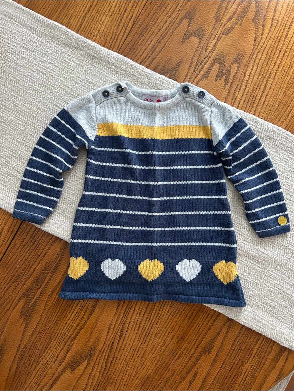 Boboli Fall Sweater Dress Navy, Yellow, Cream with Hearts 18M